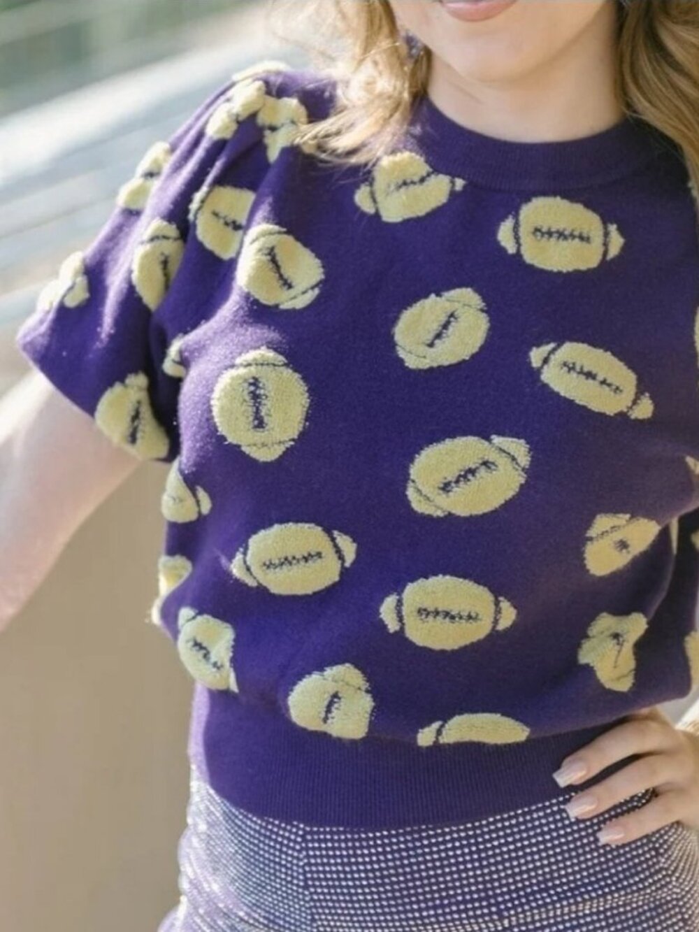 Peach Love Purple Football Pattern Knit Top LSU Game Day NWT